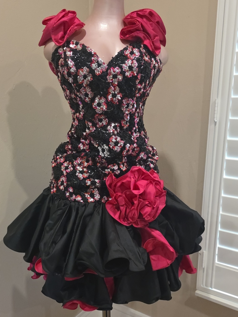 Vintage 80s Prom Party Black Sequin Floral Dress Pink Accents Alyce Designs